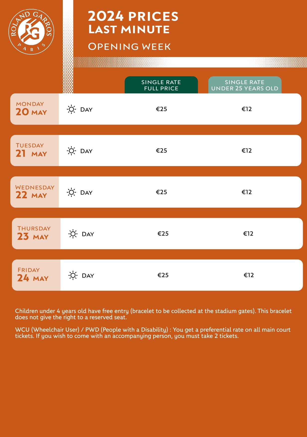 Tabela com os preços dos ingressos de Roland Garros na semana de abertura do torneio - Reprodução/Roland Garros