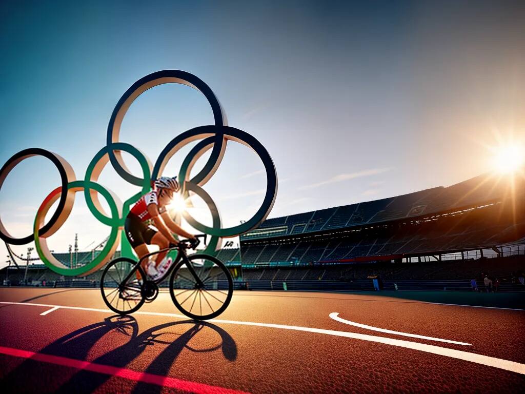 Imagem de atleta de ciclismo olímpico na frente dos arcos olímpicos