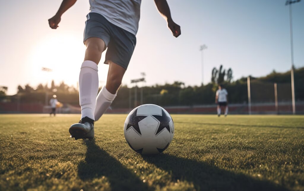 jogador de futebol de um time mandante chuta uma bola em um campo