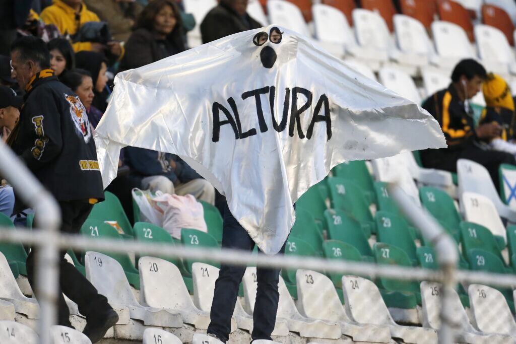 torcedor na arquibancada do estadio fantasiado de fantasma do fator altitude na libertadores