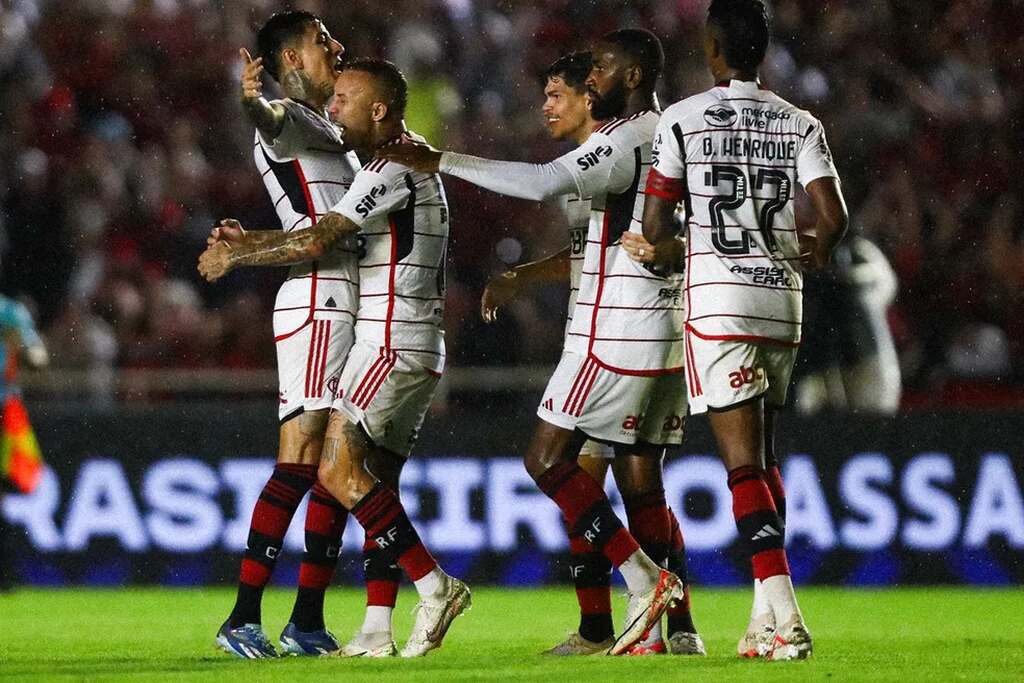 time do flamengo, que é um dos maiores clubes do brasil, comemorando o gol em campo