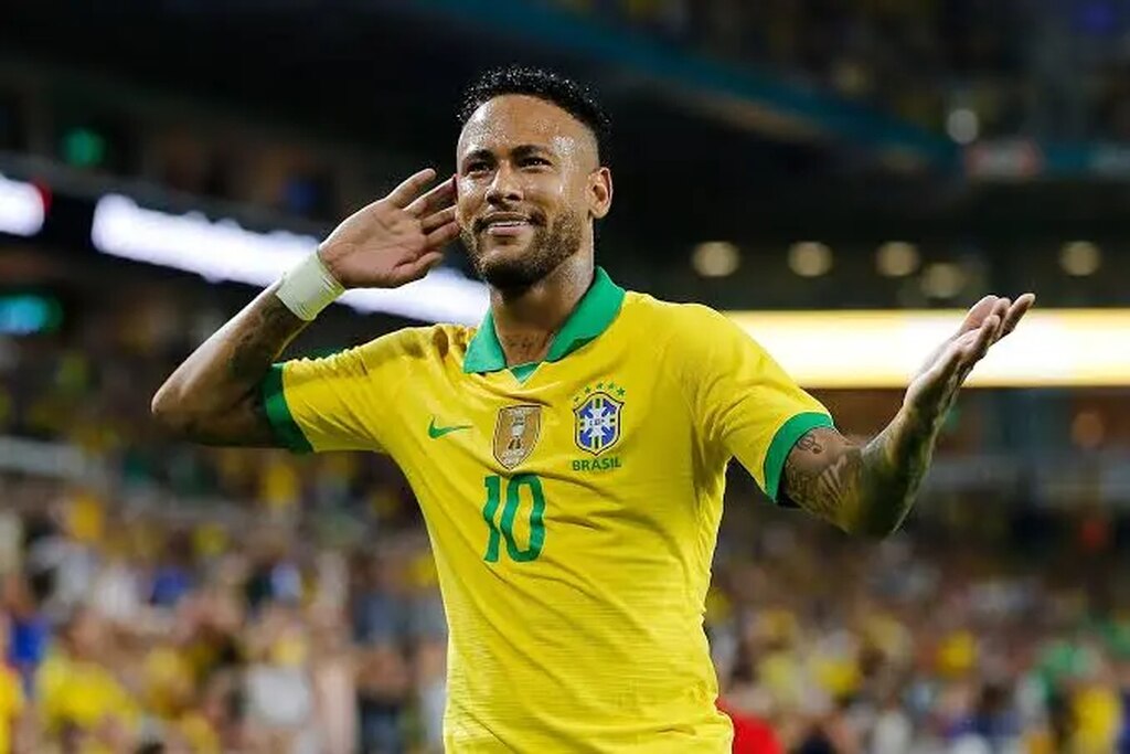 neymar comemorando um gol pela seleção brasileira, que faz parte da historia de neymar jr