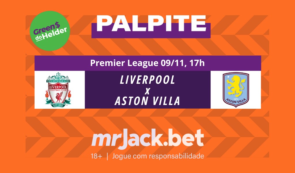 Representação gráfica com as imagens dos escudos de Liverpool x Aston Villa para o jogo da Premier League