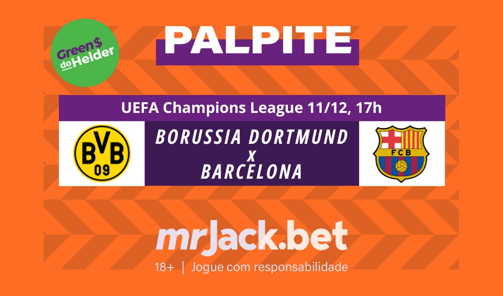 Representação gráfica com as imagens dos escudos de Borussia Dortmund x Barcelona para o jogo da UEFA Champions League.