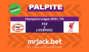 Representação gráfica com as imagens dos escudos de PSV x Liverpool para o jogo da Champions League