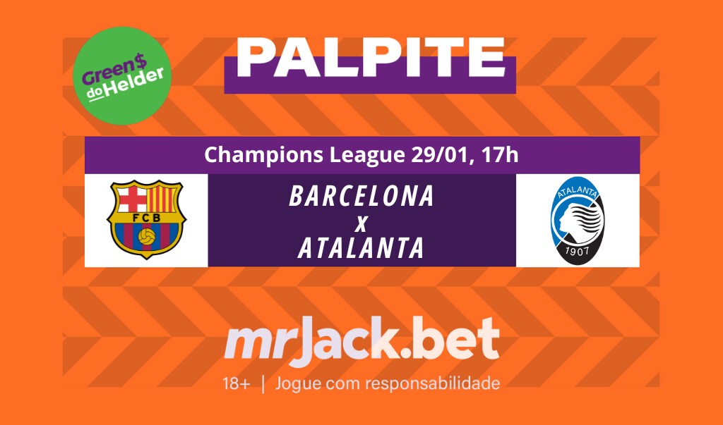 Representação gráfica com as imagens dos escudos de Barcelona x Atalanta para o jogo da Champions League