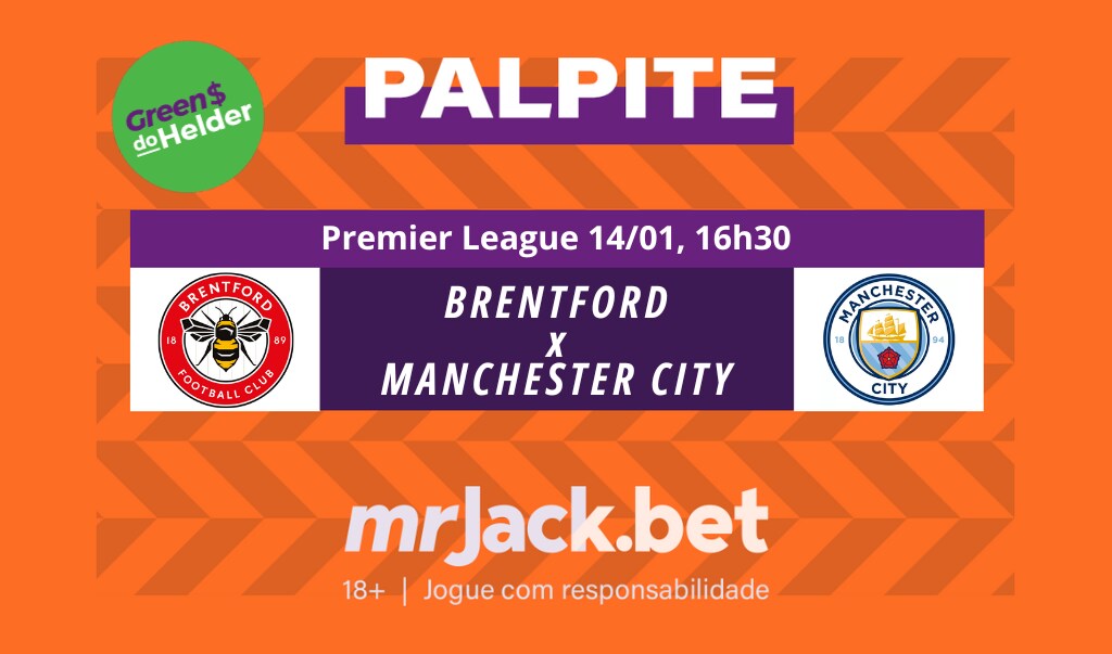 Representação gráfica com as imagens dos escudos de Brentford x Manchester City para o jogo da Premier League.