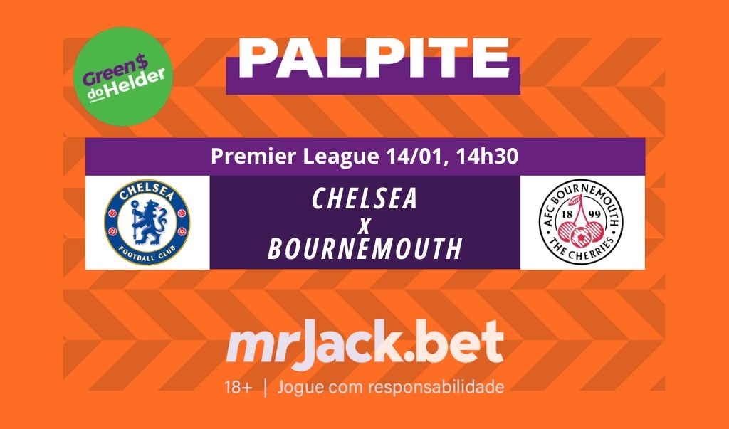 Representação gráfica com as imagens dos escudos de Chelsea x Bournemouth para o jogo da Premier League.