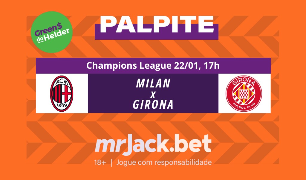 Representação gráfica com as imagens dos escudos de Milan x Girona pelo jogo da Champions League