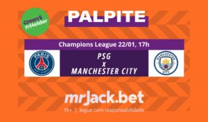 Representação gráfica com as imagens dos escudos de PSG x Manchester City para o jogo da Champions League.