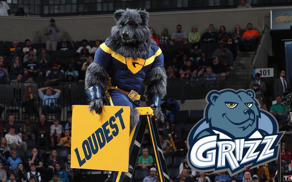 mascote do Memphis Grizzlies história em cima da escada, animando a torcida em quadra