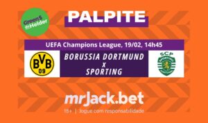 Representação gráfica com as imagens dos escudos de Borussia Dortmund x Sporting para o jogo da UEFA Champions League.