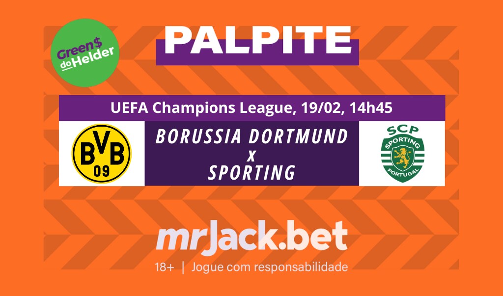 Representação gráfica com as imagens dos escudos de Borussia Dortmund x Sporting para o jogo da UEFA Champions League.